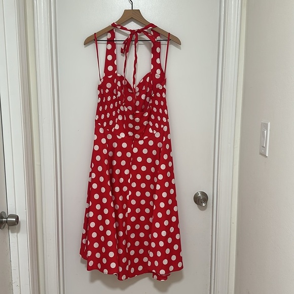 HELL BUNNY | Marian Red and White Polka Dot Halter Flare Vixen Pinup Party Dress - Picture 4 of 6